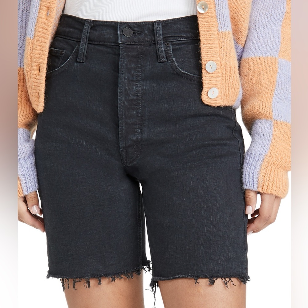 MOTHER Black High-Rise Frayed Hem Jean Shorts